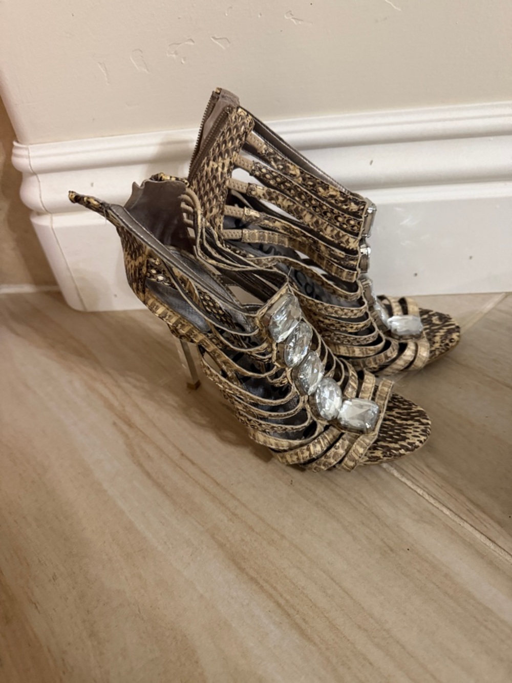 Sam Edelman Snake-Print Strappy Heels with Gem Embellishments - Brown/Tan